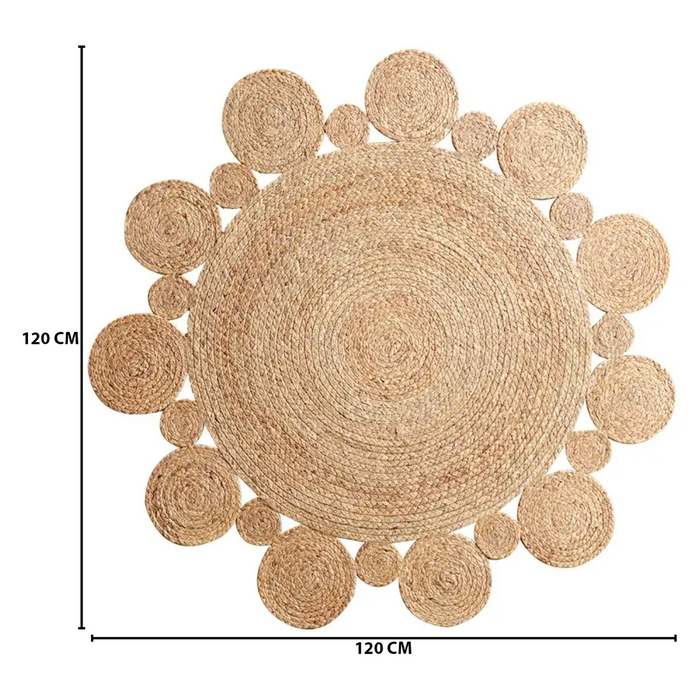Alfombra Redonda De Yute Borde Circulos Intercalado Natural