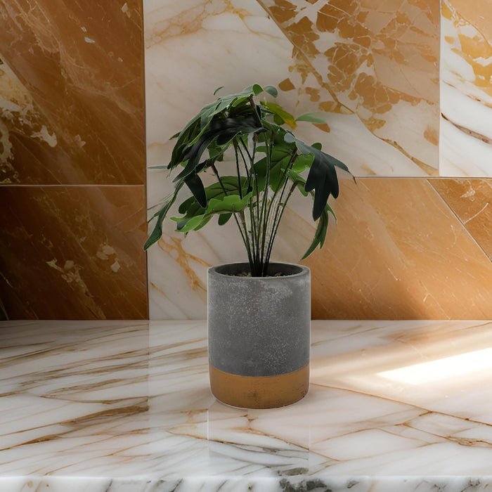 Planta Artificial Tropical Macetero Ceramica Gris Con Dorado