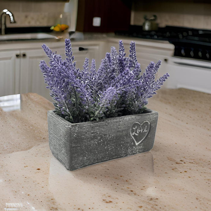 Planta Artificial Morada Macetero Ceramica Rectangular Gris