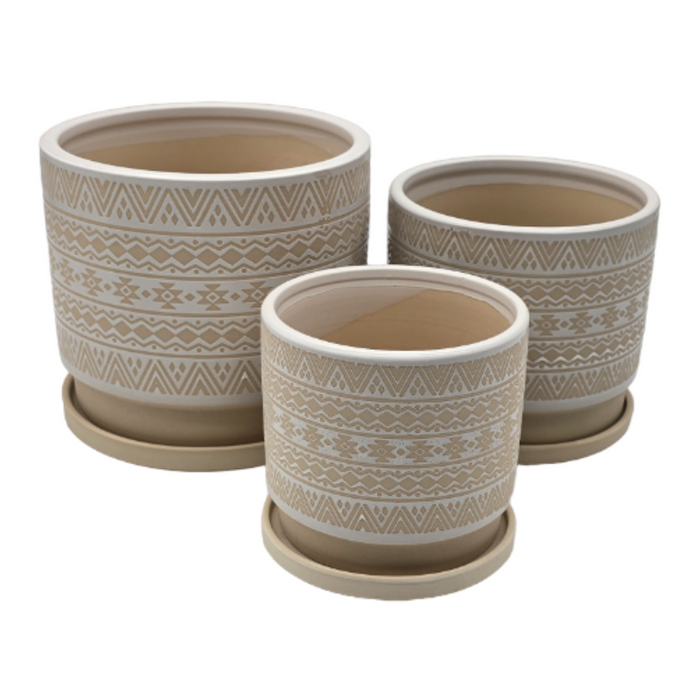 Set 3 Maceteros Maceta De Ceramica Beige Con Patrones Blanco