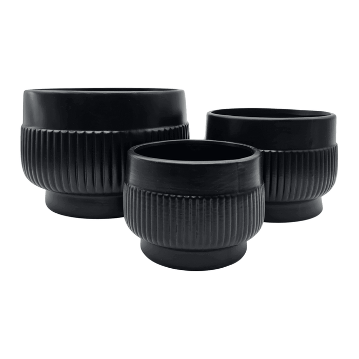 Macetero Maceta De Ceramica Lineas Relieve Negro M - Fliperex