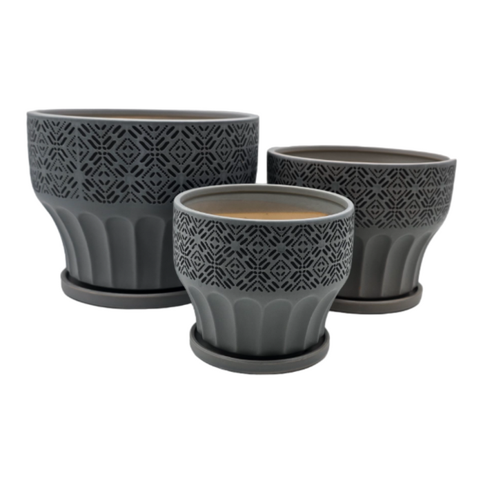 Set 3 Maceteros Maceta De Ceramica Gris Patrones Negro Alto