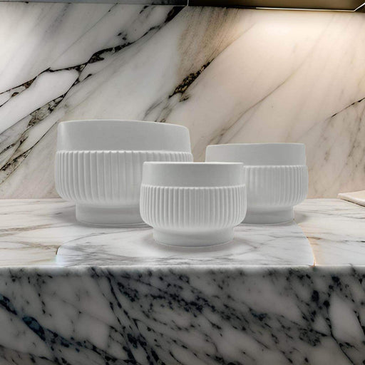 Set 3 Maceteros Maceta De Ceramica Lineas Relieve Blanco - Fliperex