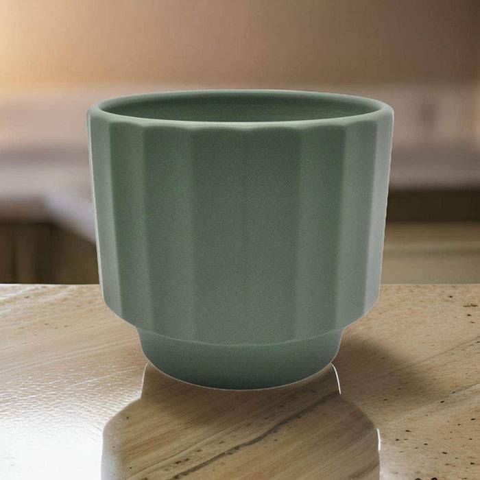 Macetero Maceta De Ceramica Verde Oliva Lineas Verticales S - Fliperex