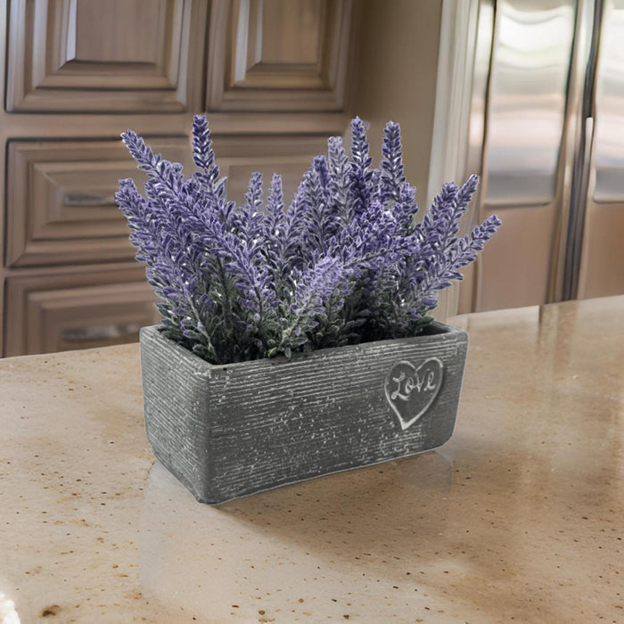 Planta Artificial Morada Macetero Ceramica Rectangular Gris