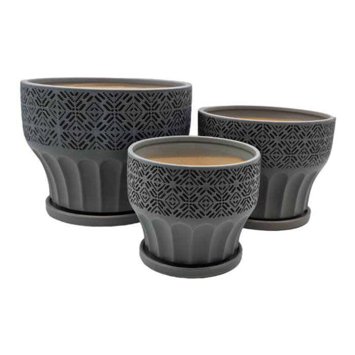 Set 3 Maceteros Maceta De Ceramica Gris Patrones Negro Alto