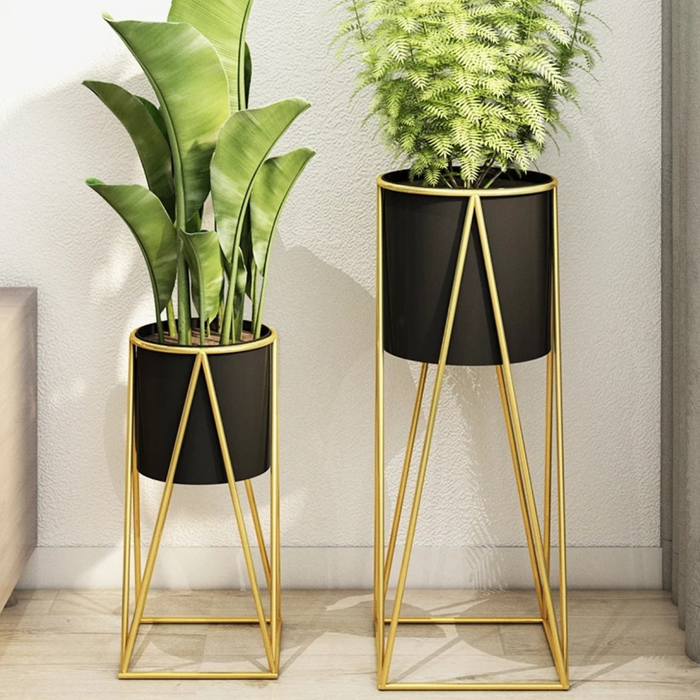 Set 2 Porta Maceteros Pedestal Maceta Plantas Negro Dorados