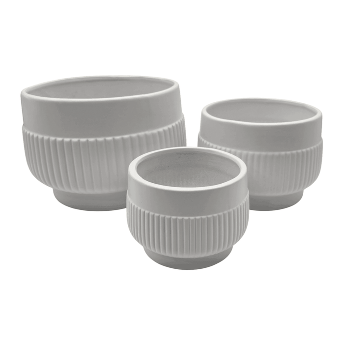 Set 3 Maceteros Maceta De Ceramica Lineas Relieve Blanco - Fliperex