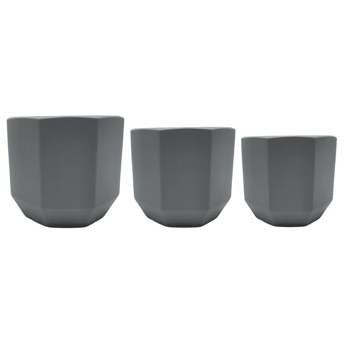 Set 3 Maceteros Maceta De Ceramica Gris Lineas Verticales - Fliperex