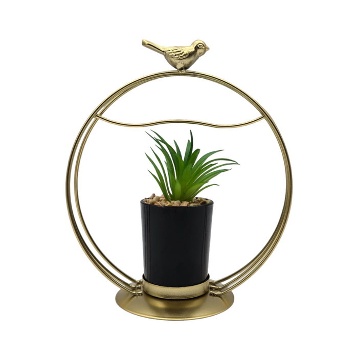 Figura Decorativa Candelabro Pajarito Dorado Con Mini Planta