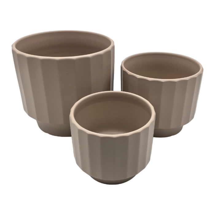 Set 3 Macetero Maceta De Ceramica Beige Lineas Verticales