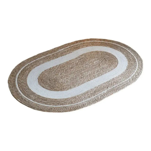 Alfombra De Yute Rustica Ovalada Natural Con Franja Blanca M - Fliperex