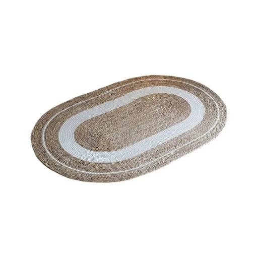 Alfombra De Yute Rustica Ovalada Natural Con Franja Blanca S - Fliperex