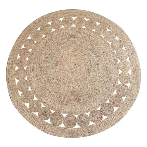Alfombra Redonda De Yute Borde De Circulos y Franja Natural - Fliperex