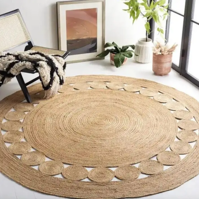 Alfombra Redonda De Yute Borde De Circulos y Franja Natural