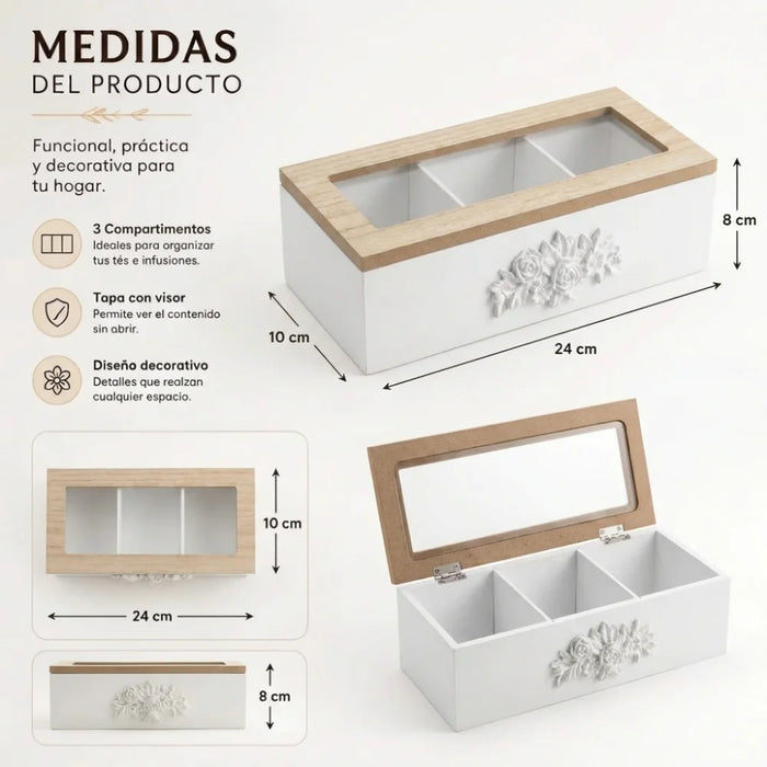Caja De Te 3 Divisiones Tapa Con Diseño Decorativa Decohogar