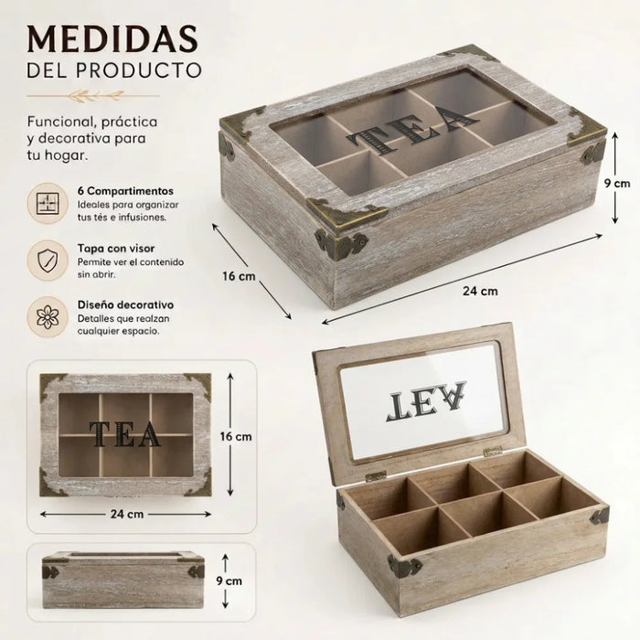 Caja De Te 6 Divisiones Tapa Con Diseño Decorativa Decohogar