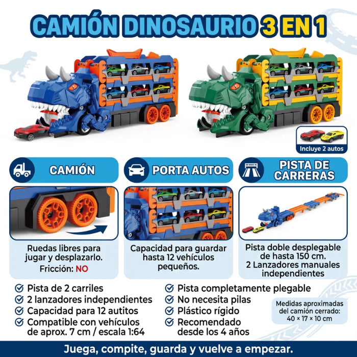 Camión Dinosaurio Portautitos 3 En 1 Con Pista Lanzadora Infantil
