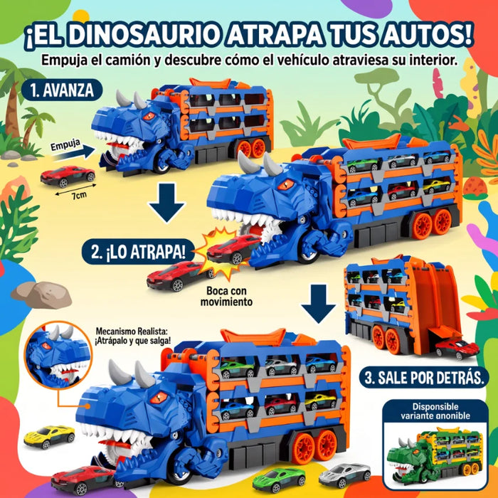 Camión Dinosaurio Portautitos 3 En 1 Con Pista Lanzadora Infantil