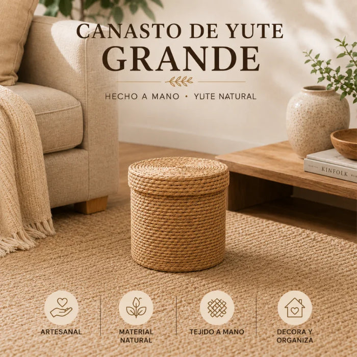 Canasto Cesta De Yute Tejida Con Tapa Acabado Rustico L