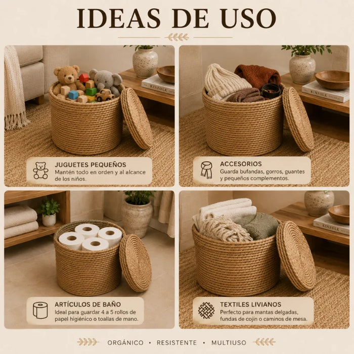 Canasto Cesta De Yute Tejida Con Tapa Acabado Rustico L