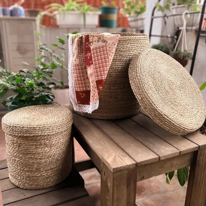 Canasto Cesta De Yute Tejida Con Tapa Acabado Rustico L