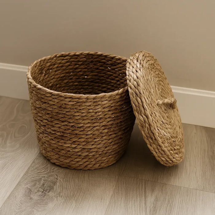 Canasto Cesta De Yute Tejida Con Tapa Acabado Rustico L