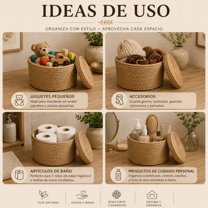 Canasto Cesta De Yute Tejida Con Tapa Acabado Rustico M