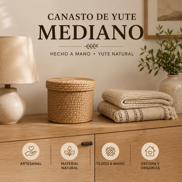Canasto Cesta De Yute Tejida Con Tapa Acabado Rustico M