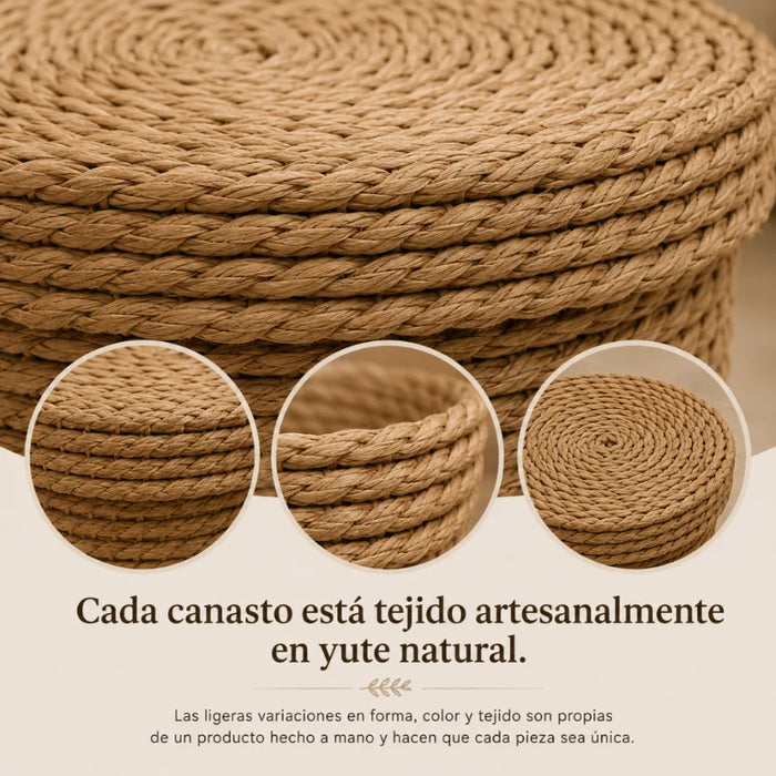 Canasto Cesta De Yute Tejida Con Tapa Acabado Rustico M
