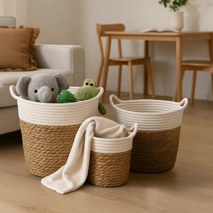 Canasto Cesta Yute Algodón Tejido Estilo Rustico Con Asas S