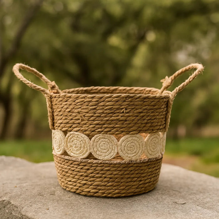 Canasto Cesta Yute Diseño Circulos Tejido Estilo Rustico M