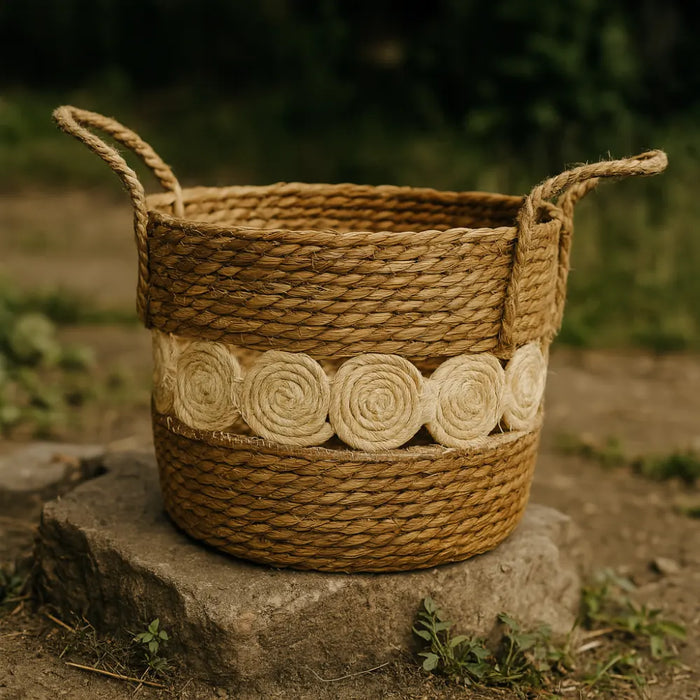Canasto Cesta Yute Diseño Circulos Tejido Estilo Rustico XL