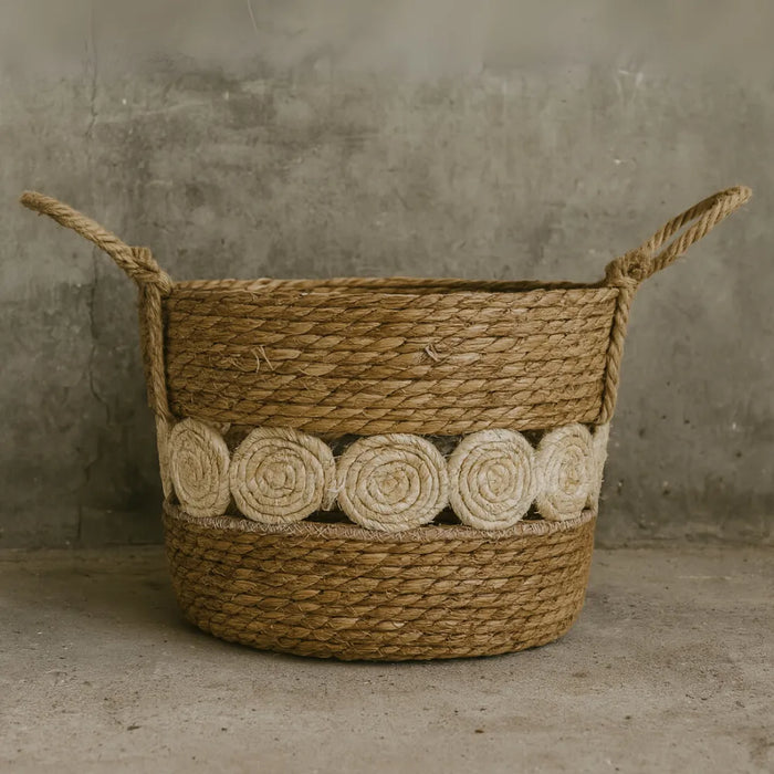 Canasto Cesta Yute Diseño Circulos Tejido Estilo Rustico XL