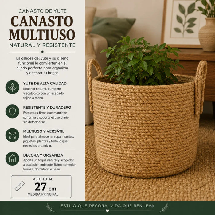Canasto Cesta de Yute Tejido Estilo Rustico Con Asas L