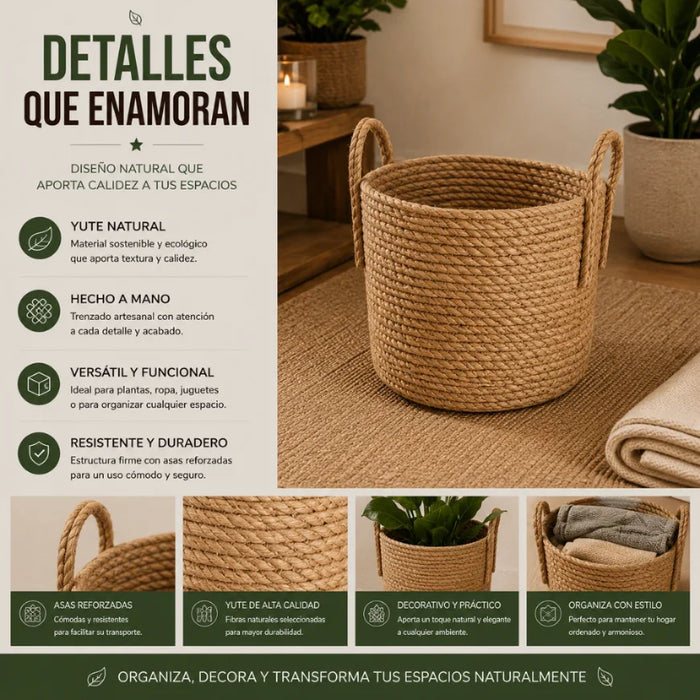 Canasto Cesta de Yute Tejido Estilo Rustico Con Asas M