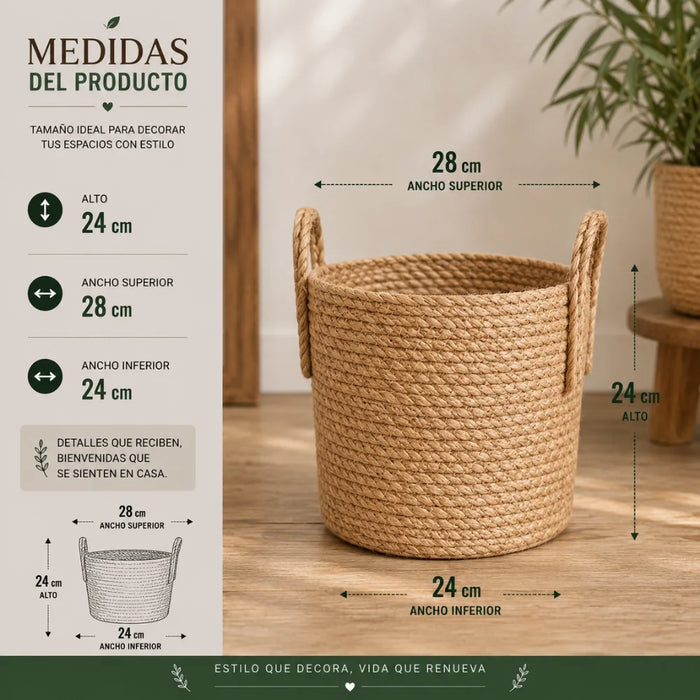 Canasto Cesta de Yute Tejido Estilo Rustico Con Asas M
