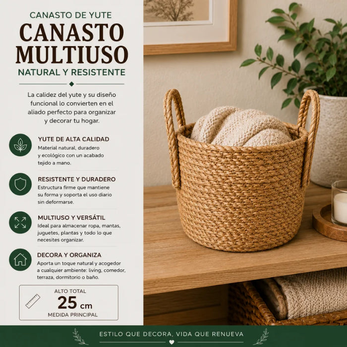 Canasto Cesta de Yute Tejido Estilo Rustico Con Asas M