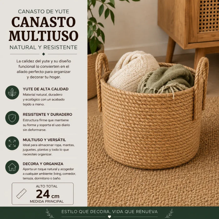 Canasto Cesta de Yute Tejido Estilo Rustico Con Asas S