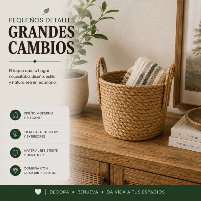 Canasto Cesta de Yute Tejido Estilo Rustico Con Asas S