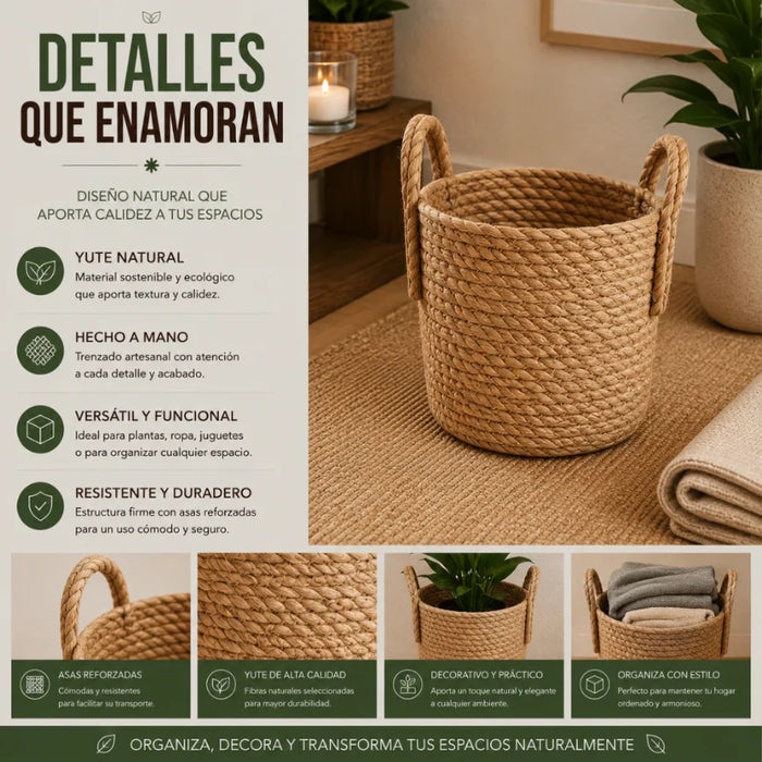 Canasto Cesta de Yute Tejido Estilo Rustico Con Asas S