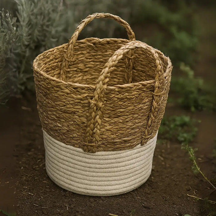 Canastos Cesta Algodón Tejido Nudo Color Blanco Asas XL