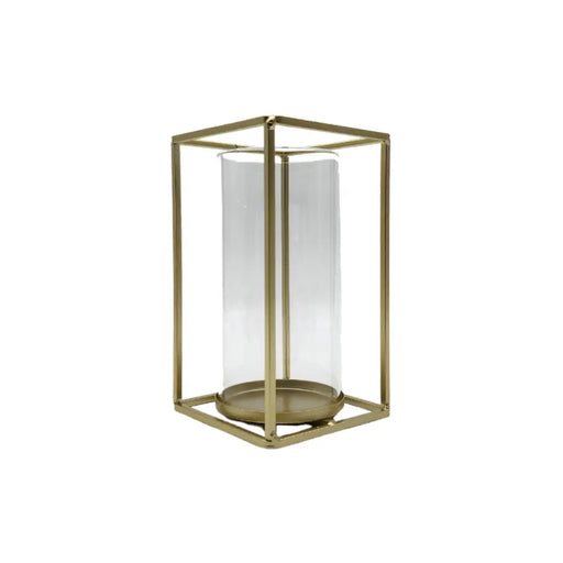 Candelabro Porta Vela Cubo Metálico Dorado Con Vidrio - Fliperex