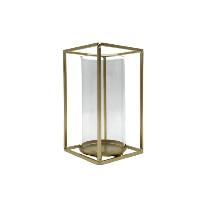 Candelabro Porta Vela Cubo Metálico Dorado Con Vidrio - Fliperex