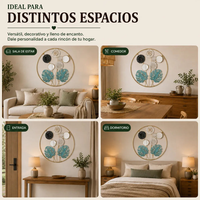 Cuadro De Metal Decorativo De Hojas Verdes Con 2 Espejos