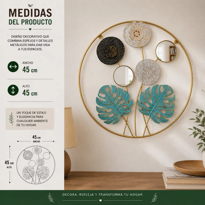 Cuadro De Metal Decorativo De Hojas Verdes Con 2 Espejos
