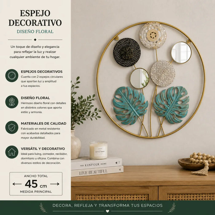 Cuadro De Metal Decorativo De Hojas Verdes Con 2 Espejos
