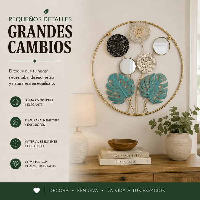 Cuadro De Metal Decorativo De Hojas Verdes Con 2 Espejos