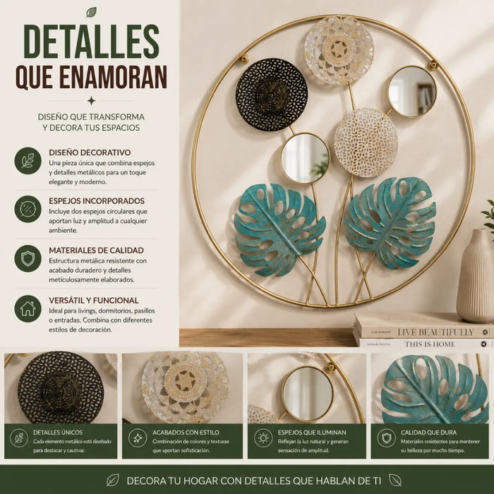 Cuadro De Metal Decorativo De Hojas Verdes Con 2 Espejos
