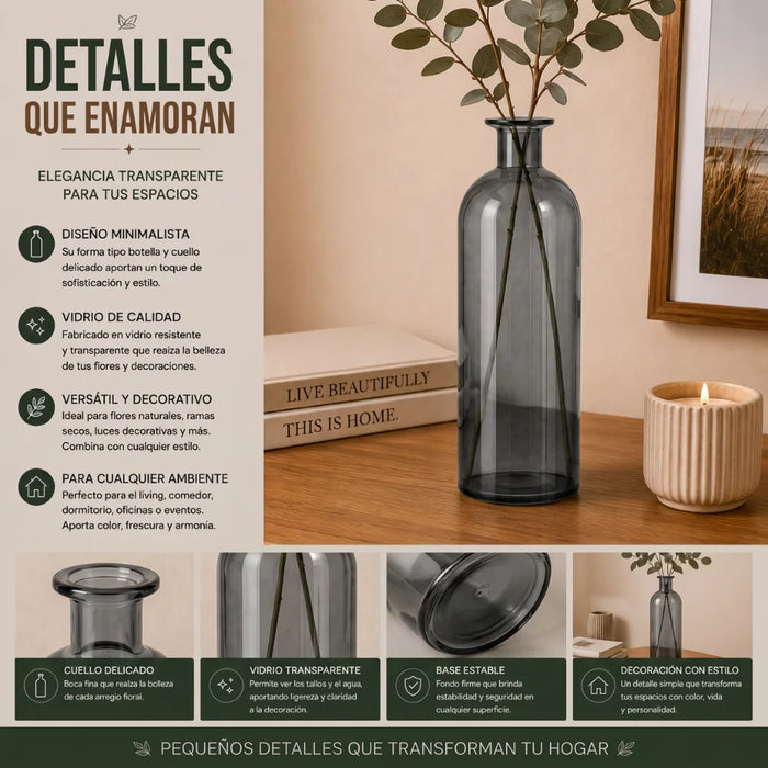 Florero Botella De Vidrio Decorativo Cristal Oscuro L